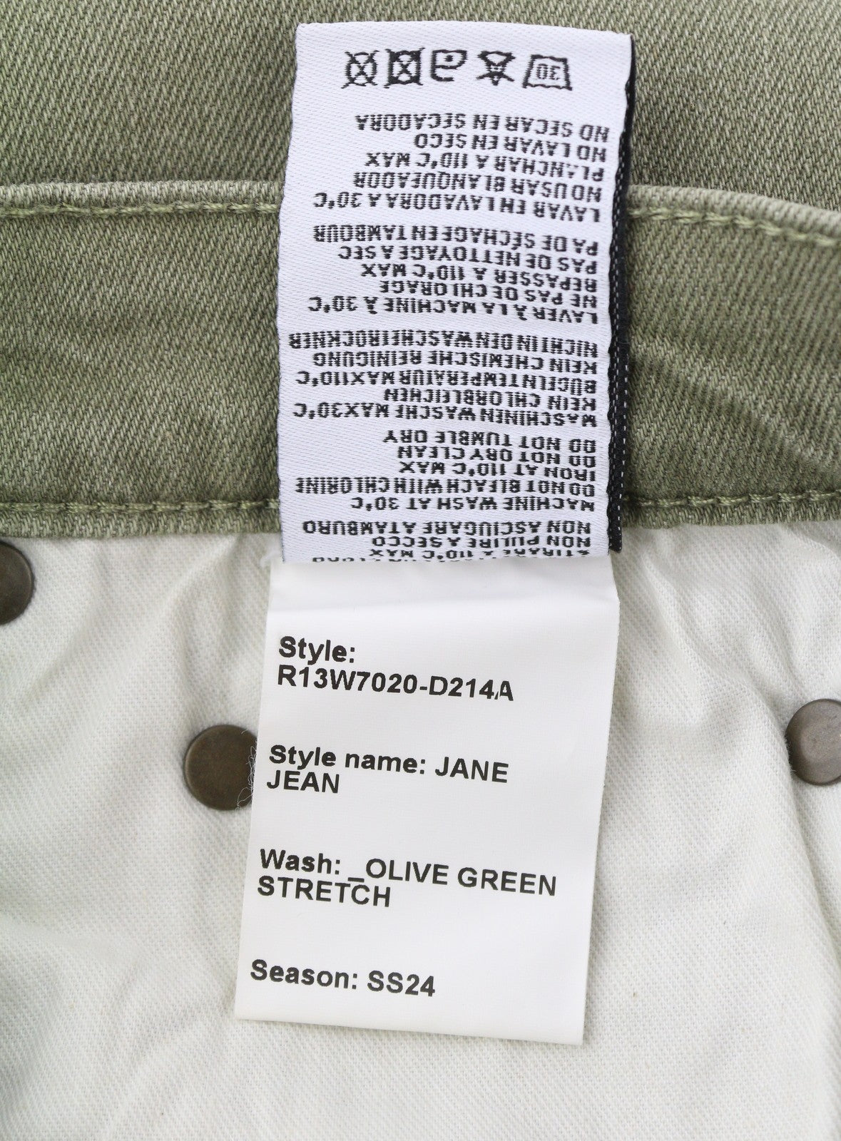 R13 Jane Women Jeans 25 Olive Green Stretch Loose Straight High Waist RRP€699