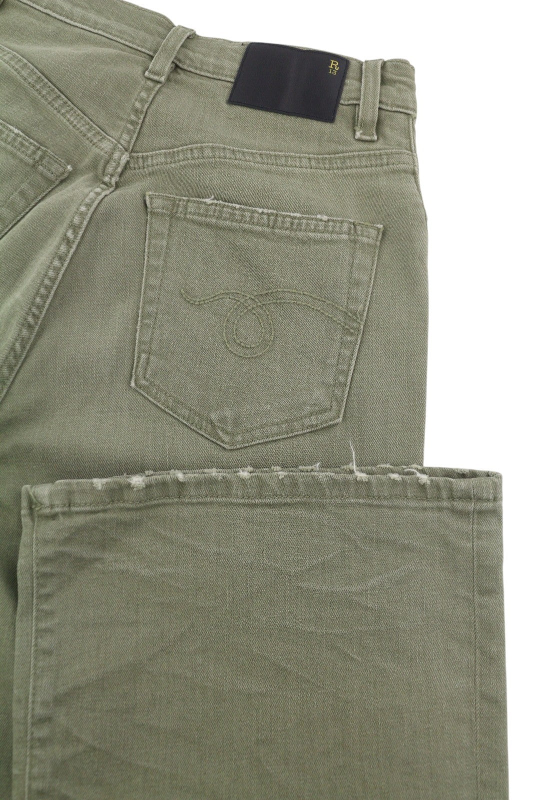 R13 Jane Women Jeans 25 Olive Green Stretch Loose Straight High Waist RRP€699