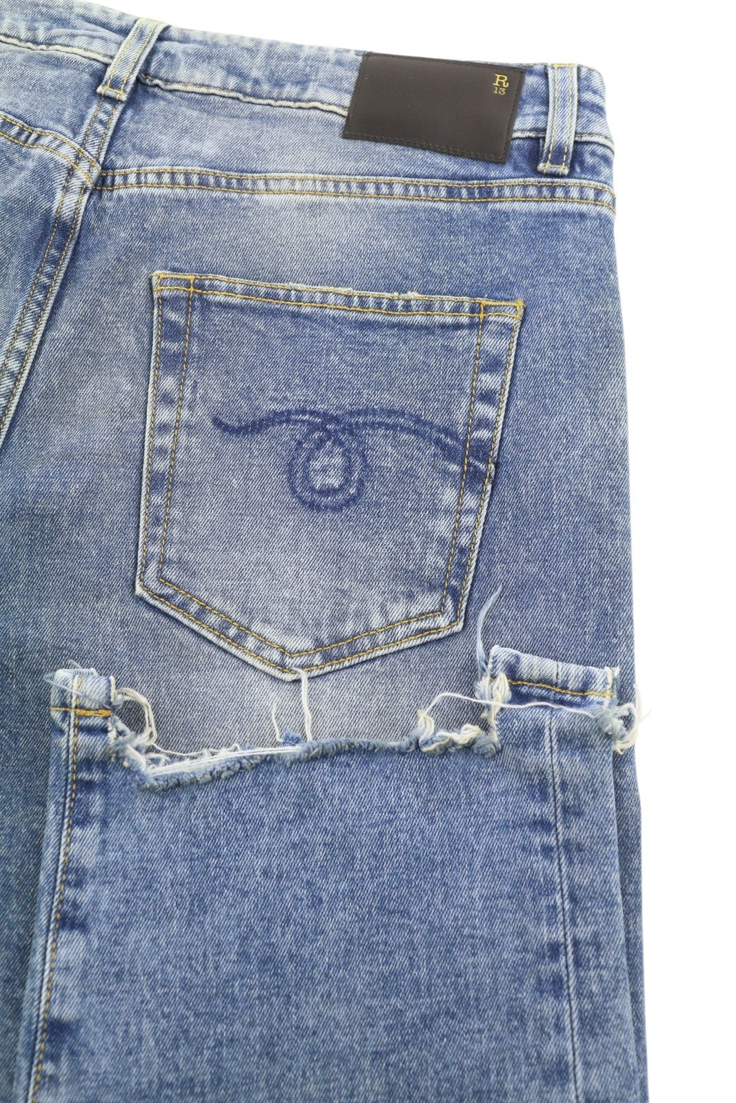 R13 Boy Straight W Rips Women Jeans 30 Jasper Stretch Faded Washed Cropped Denim