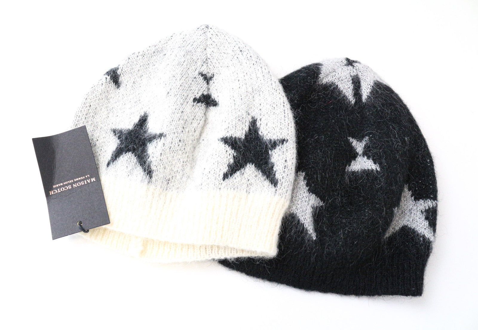 MAISON SCOTCH Women's Hat OS Off-White Beanie Stars Wool Mohair Knit 2 Pack