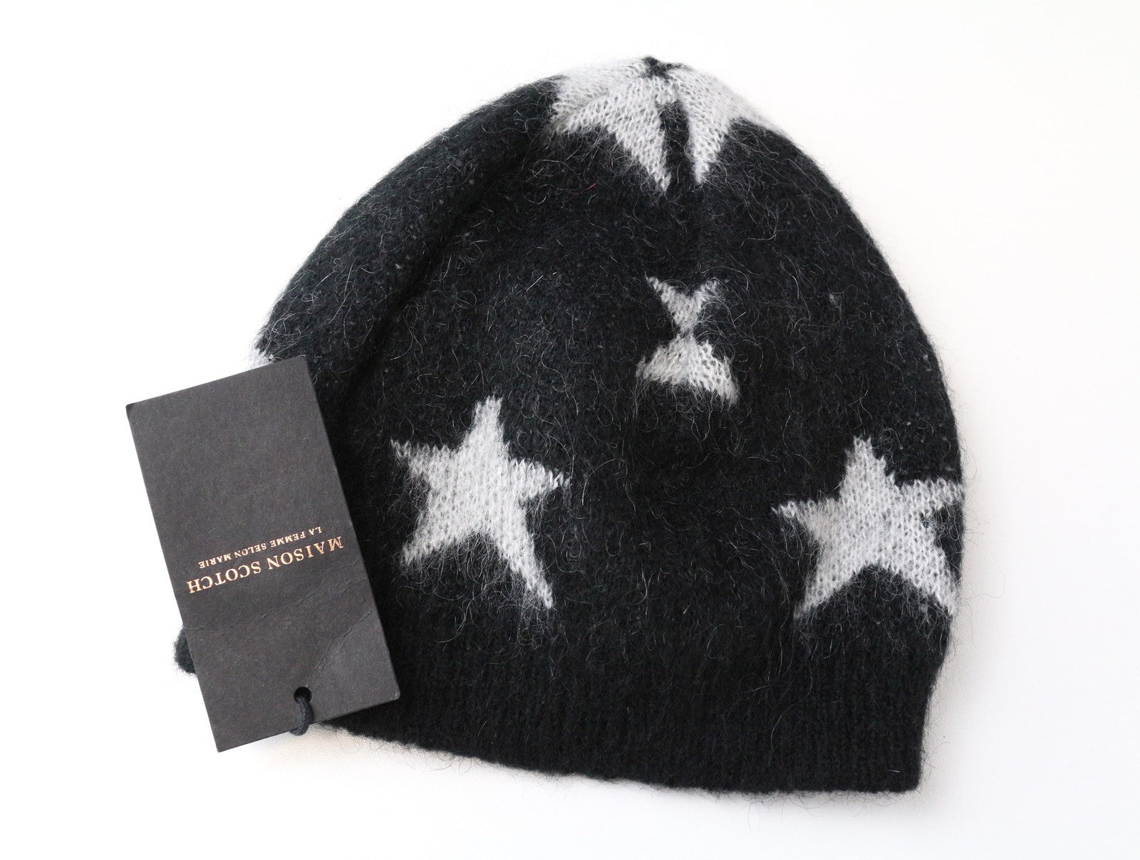 MAISON SCOTCH Women's Hat OS Off-White Beanie Stars Wool Mohair Knit 2 Pack