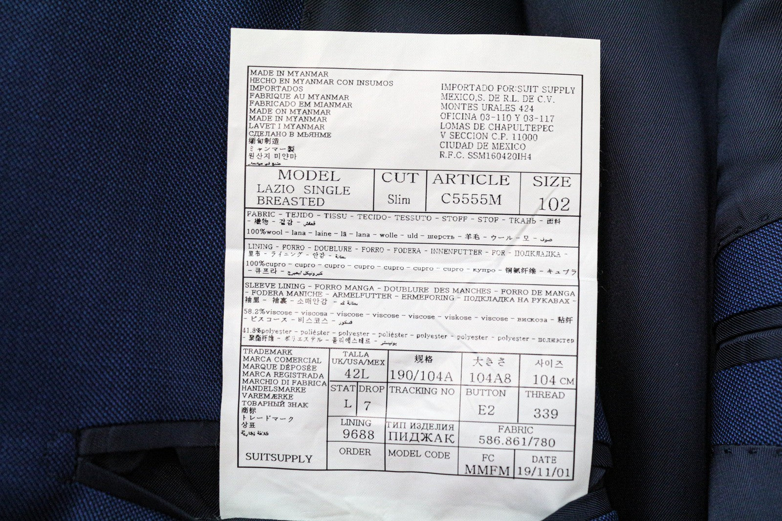 „SUITSUPPLY Lazio“ vyriškas švarkas, UK42L, mėlynas, plonas, vilnonis, vienaeilis, pritaikytas 