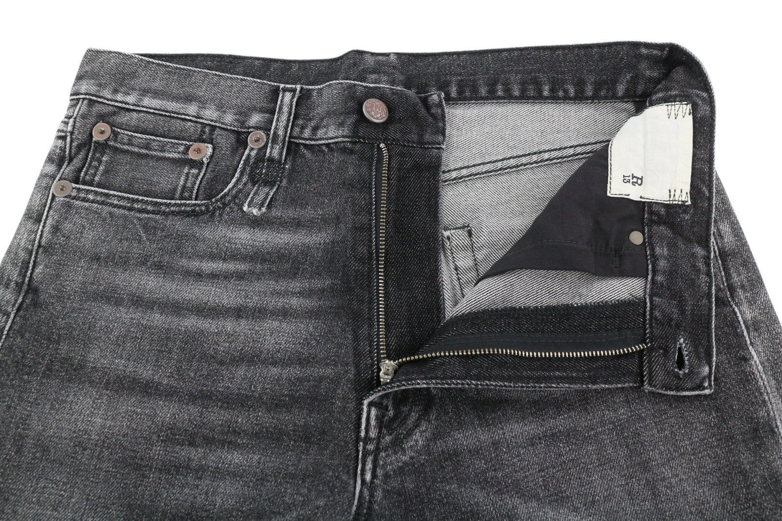 R13 Boyfriend Women Jeans 27 Black Washed Faded Ankle Length Cropped Zip Denim