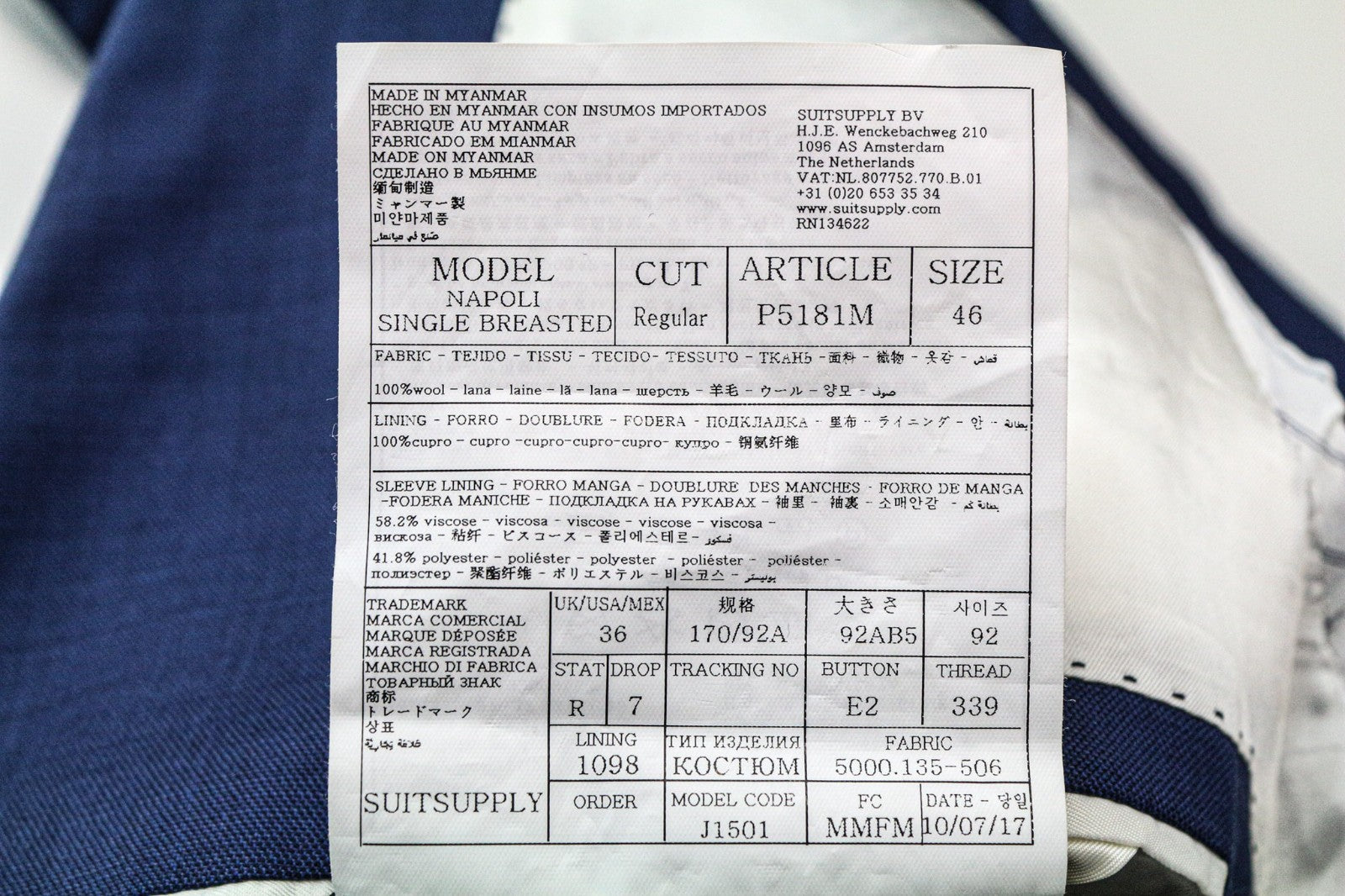 SUITSUPPLY Napoli Men's Suit UK36R Blue Wool Super 110's 2 Piece Single-Breasted