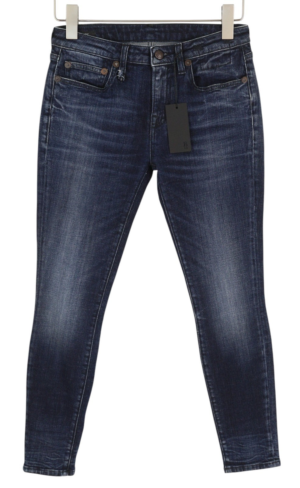 R13 Alison Skinny Women Jeans 27 Howell Indigo W Cut Out Black Hem Washed Denim