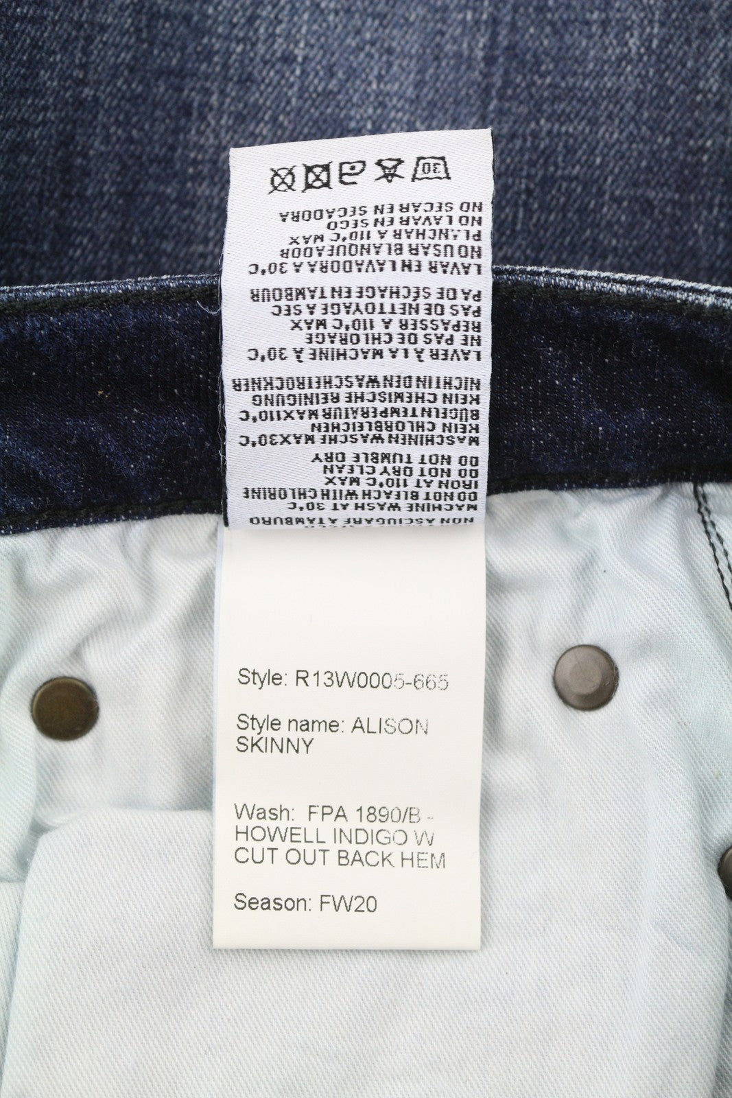 R13 Alison Skinny Women Jeans 27 Howell Indigo W Cut Out Black Hem Washed Denim