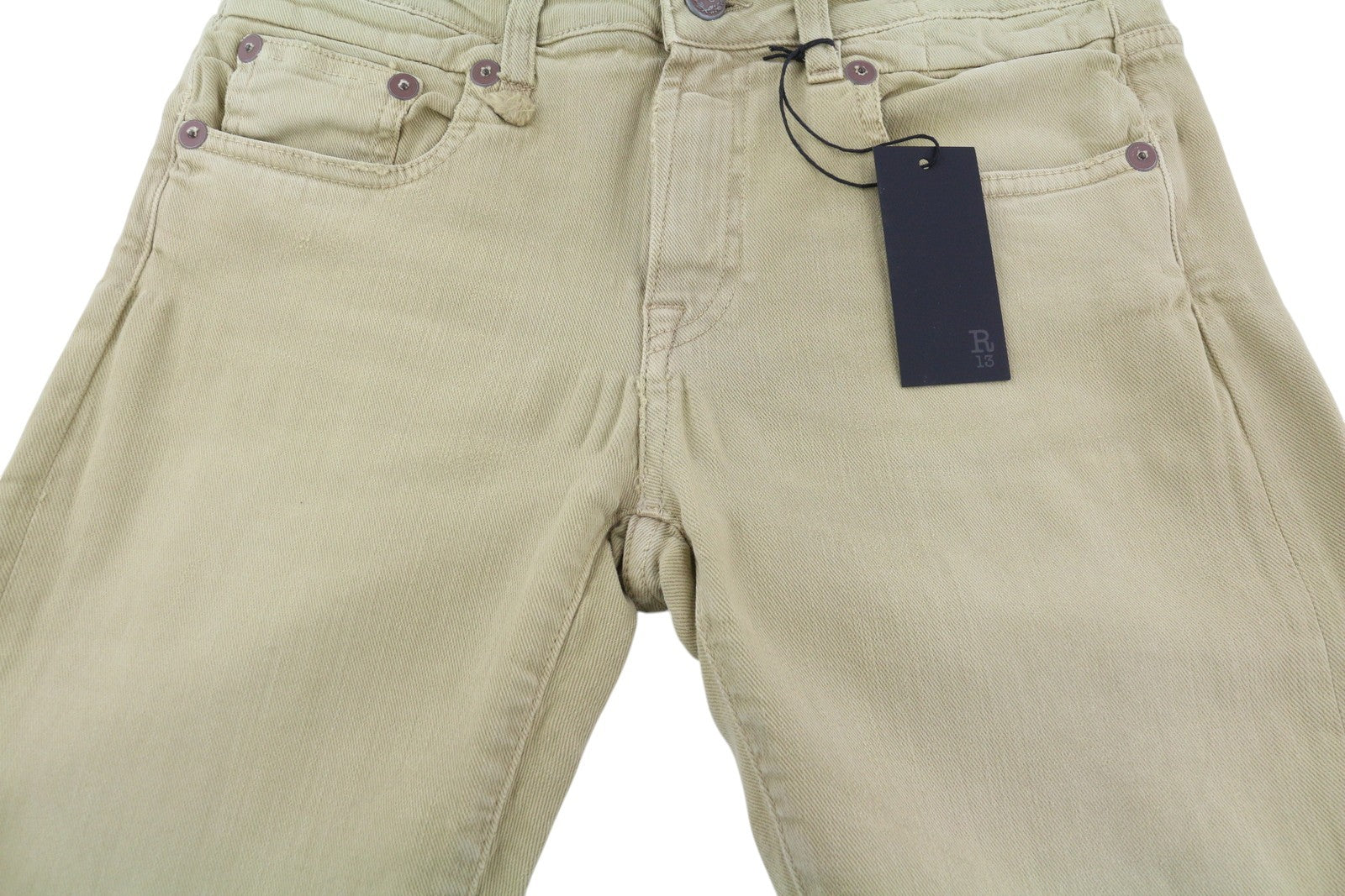 R13 Boy Straight Women Jeans 28 Khaki Stretchy Faded Ankle Length Casual RRP€699