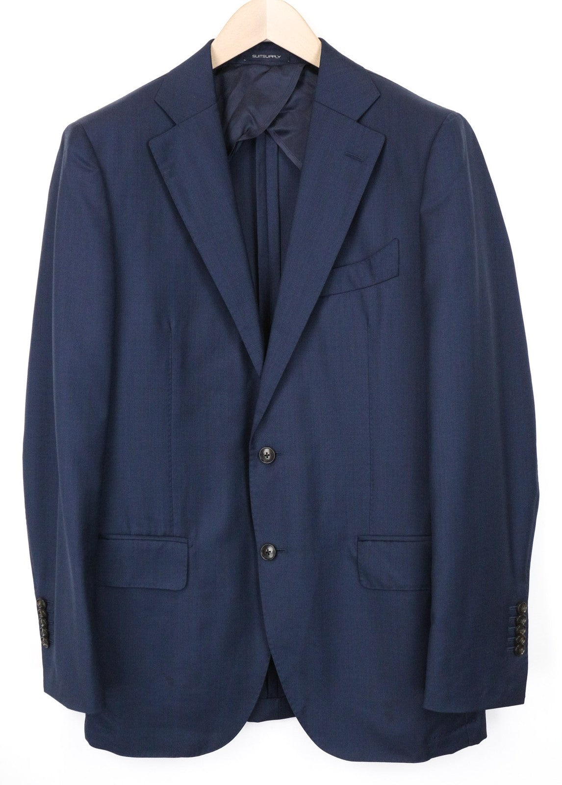 SUITSUPPLY La Spalla vyriškas švarkas UK42L Slim su „Bird's Eye“ mėlyna vilnone striuke, S130 languotais raštais 