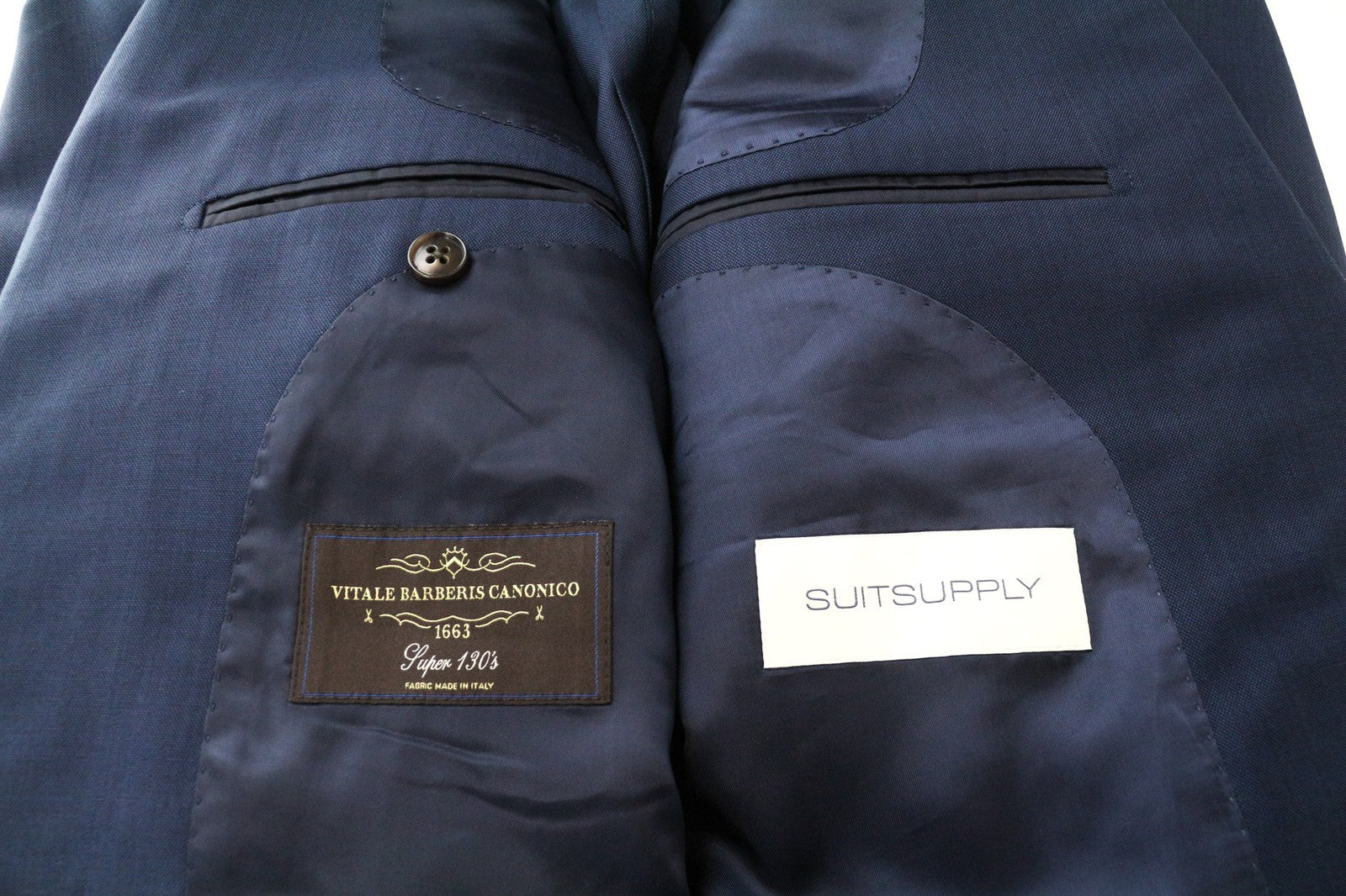 SUITSUPPLY La Spalla vyriškas švarkas UK42L Slim su „Bird's Eye“ mėlyna vilnone striuke, S130 languotais raštais 