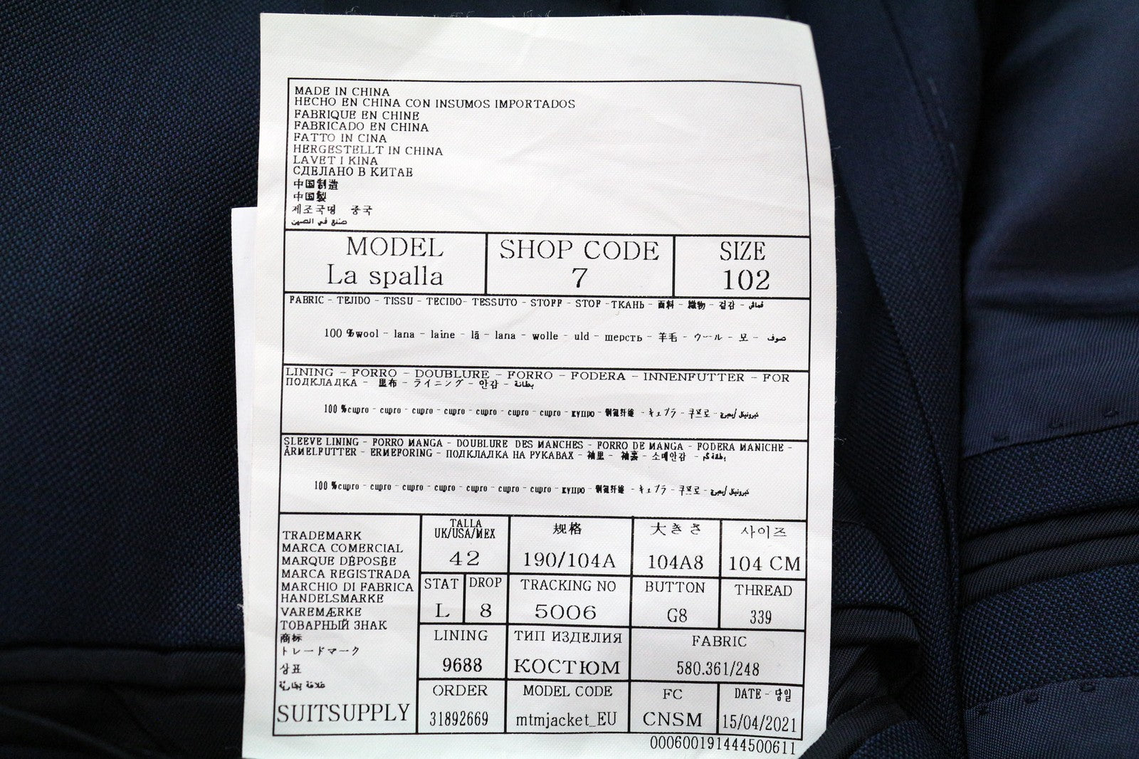 SUITSUPPLY La Spalla vyriškas švarkas UK42L Slim su „Bird's Eye“ mėlyna vilnone striuke, S130 languotais raštais 