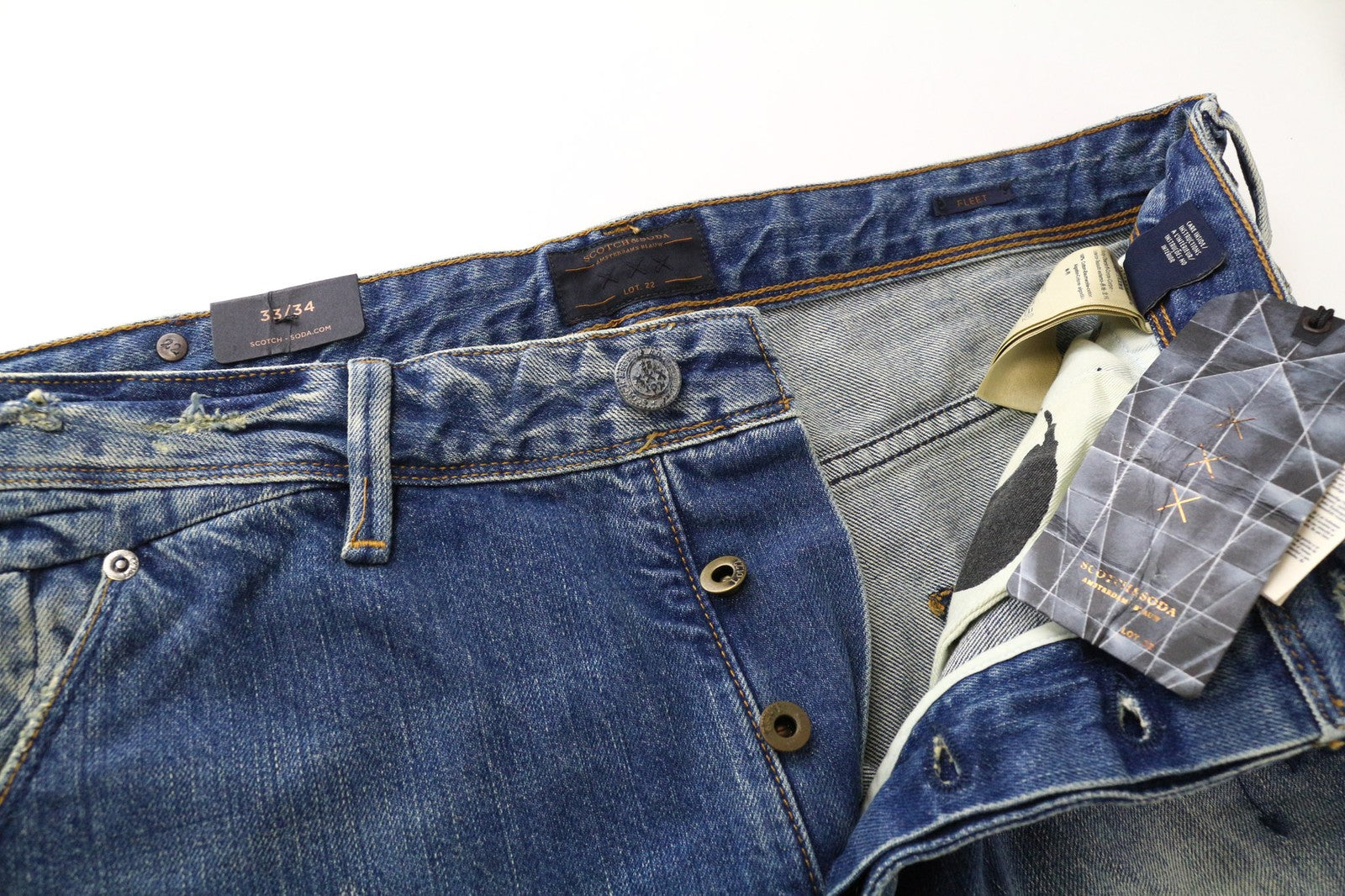 SCOTCH & SODA Fleet Men's Jeans W33/L34 3D Anti-Fit Blue Ripped Painted Button