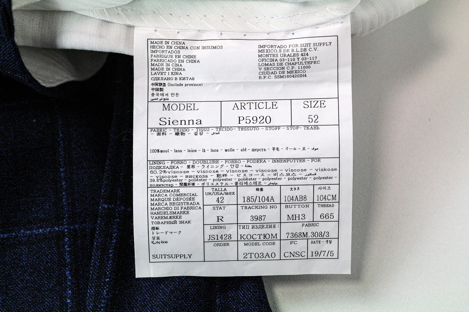 SUITSUPPLY Sienna Men's Trousers UK42R Blue Checked Wool Formal Dress Pants