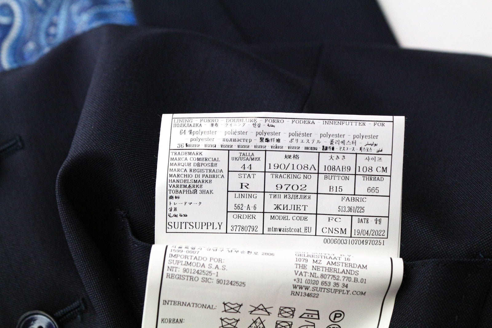 SUITSUPPLY Lazio La Spalla Men's Suit UK44R Blue Slim 3-Piece Wool S150s Set