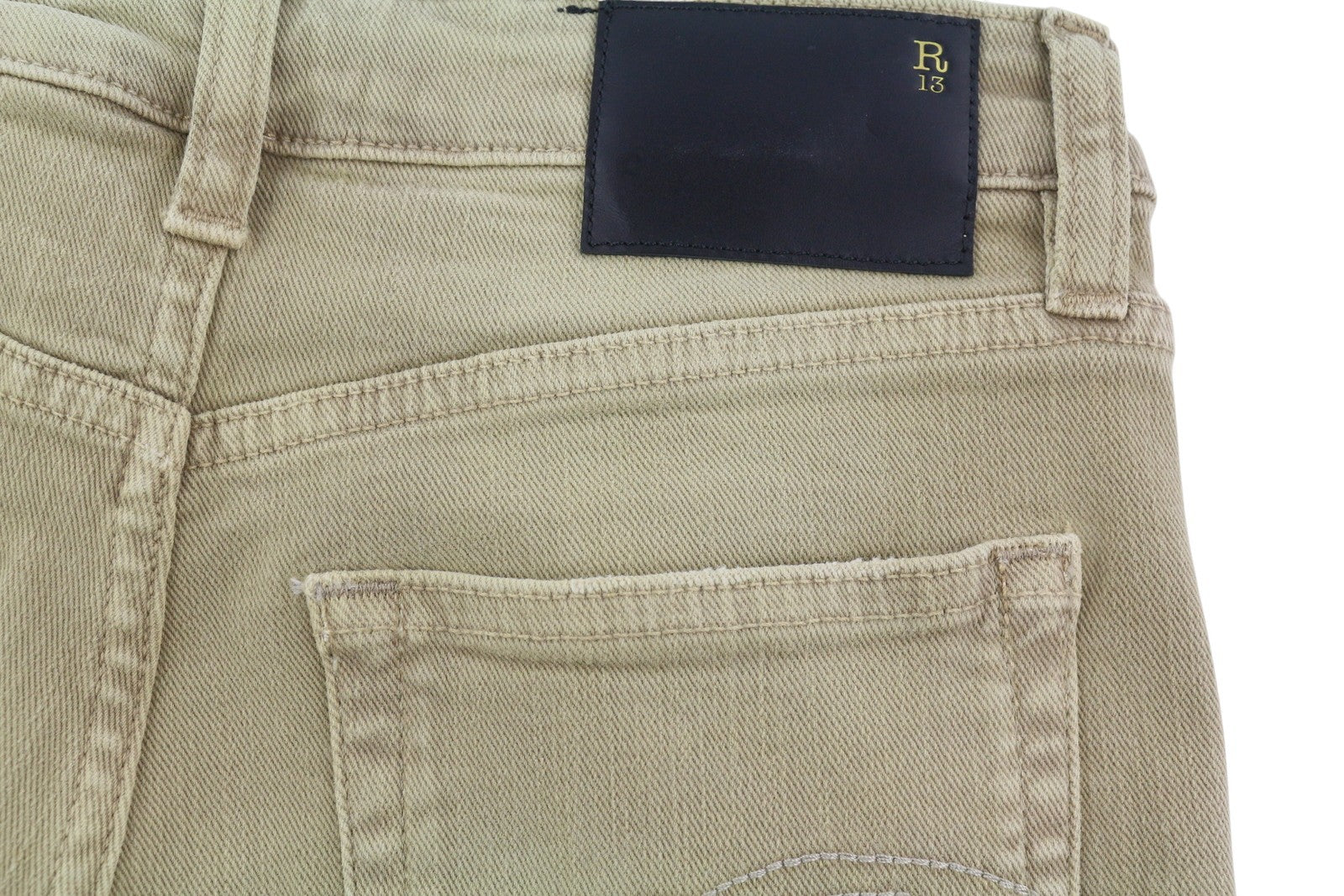 R13 Boy Straight Women Jeans 24 Khaki Stretchy Washed Ankle Length Logo RRP€699