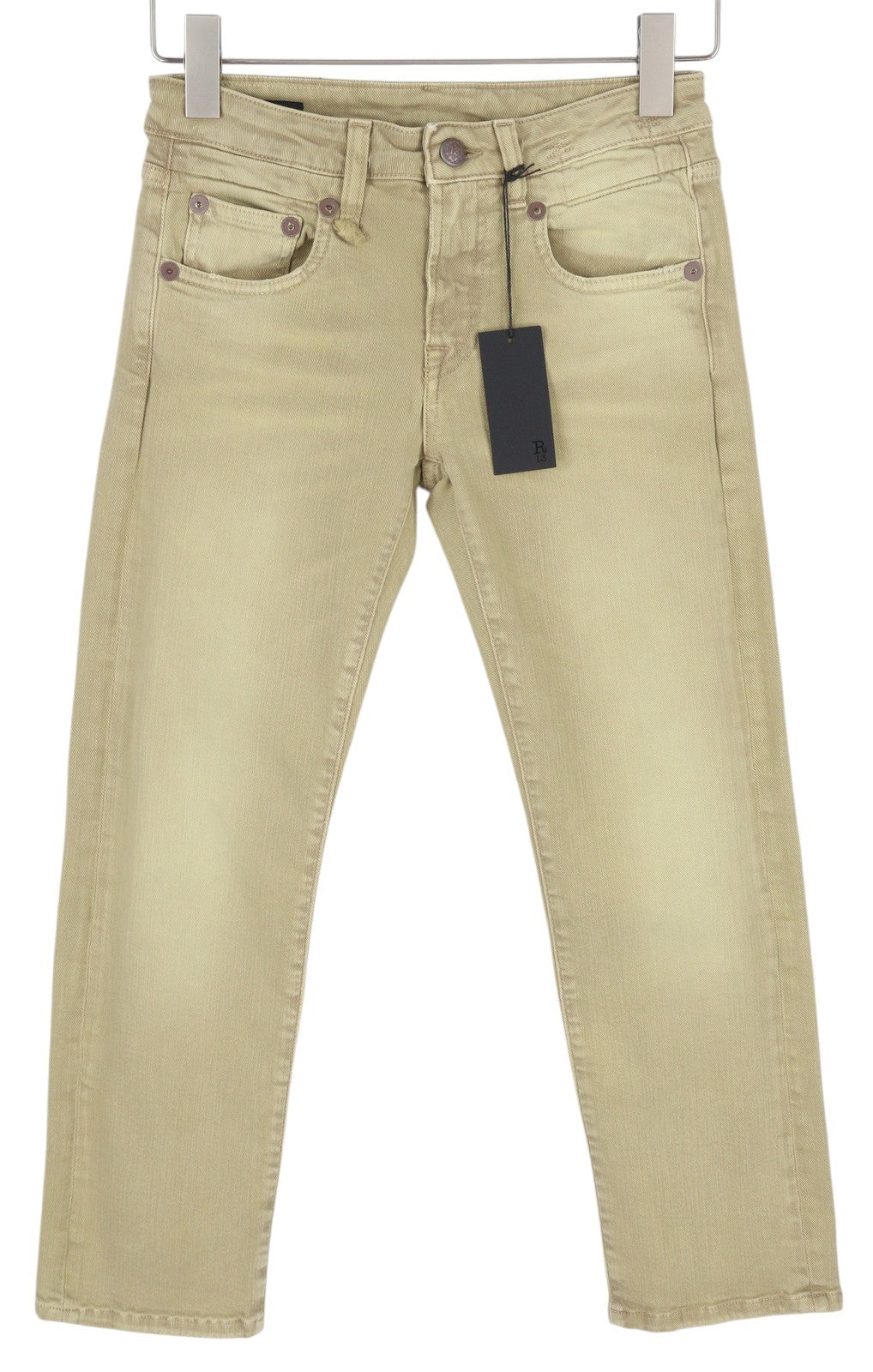 R13 Boy Straight Women Jeans 24 Khaki Stretchy Washed Ankle Length Logo RRP€699