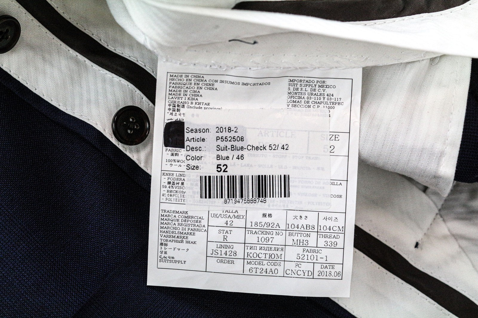 SUITSUPPLY Hartford Men's Trousers UK42R Slim Blue Glen Check Wool Flat Front