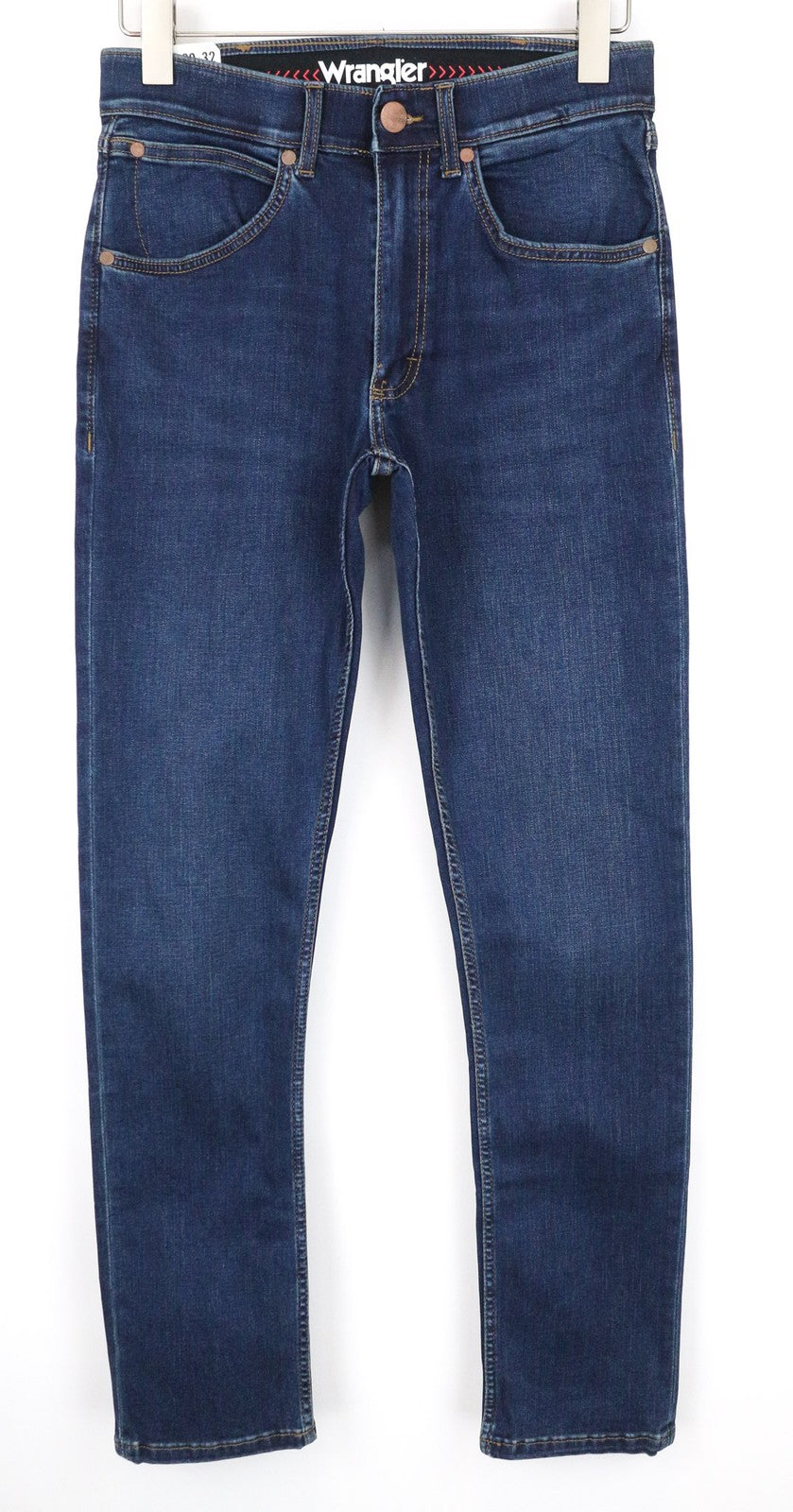 WRANGLER Larston vyriški džinsai W29/L32 Slim tamsiai mėlyni siaurėjantys tamprūs džinsai su užtrauktuku 