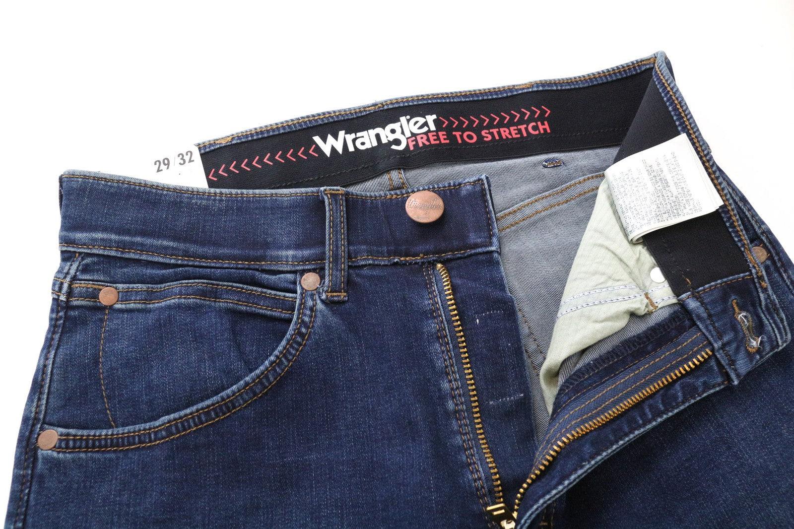 WRANGLER Larston vyriški džinsai W29/L32 Slim tamsiai mėlyni siaurėjantys tamprūs džinsai su užtrauktuku 