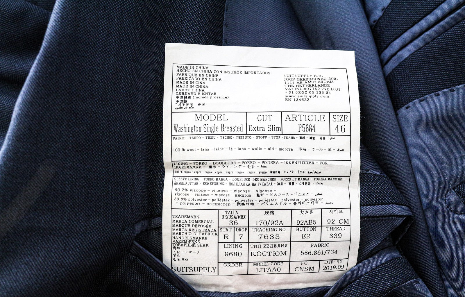 SUITSUPPLY Washington Men's Blazer UK36R Blue Wool Super 110's Slim