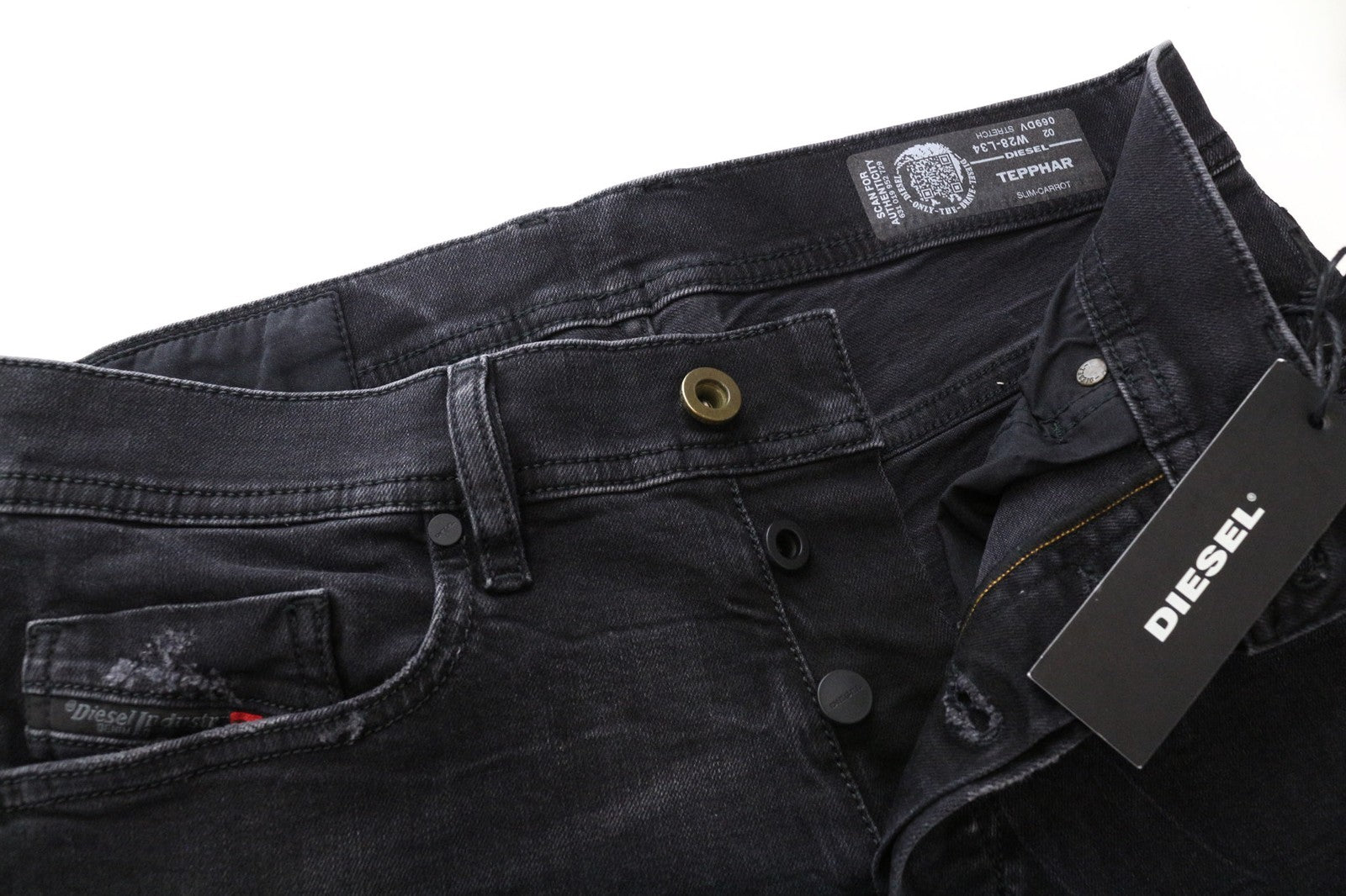 DIESEL Tepphar 069DV Men's Jeans W28/L34 Black Slim Carrot Washed Stretch Denim