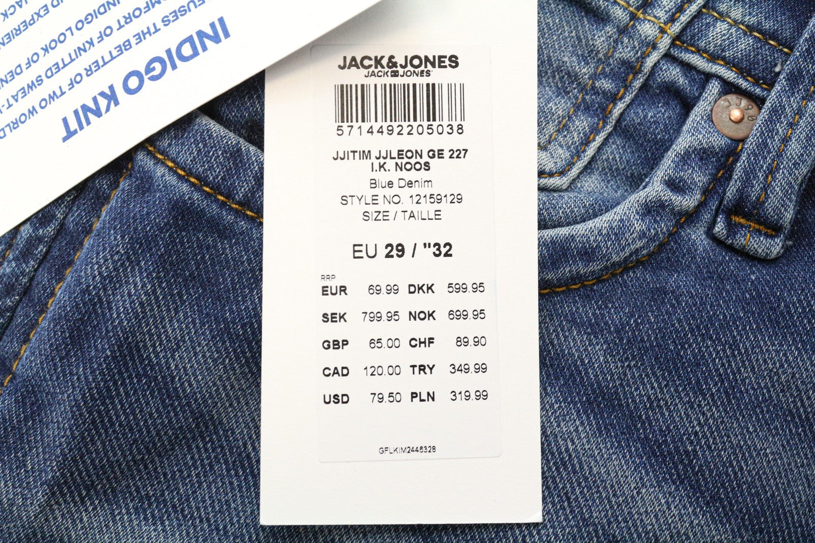 JACK &amp; JONES Tim vyriški džinsai W29/L32 Slim tiesūs tamprūs mėlyni skalbtos medvilnės gaminiai 