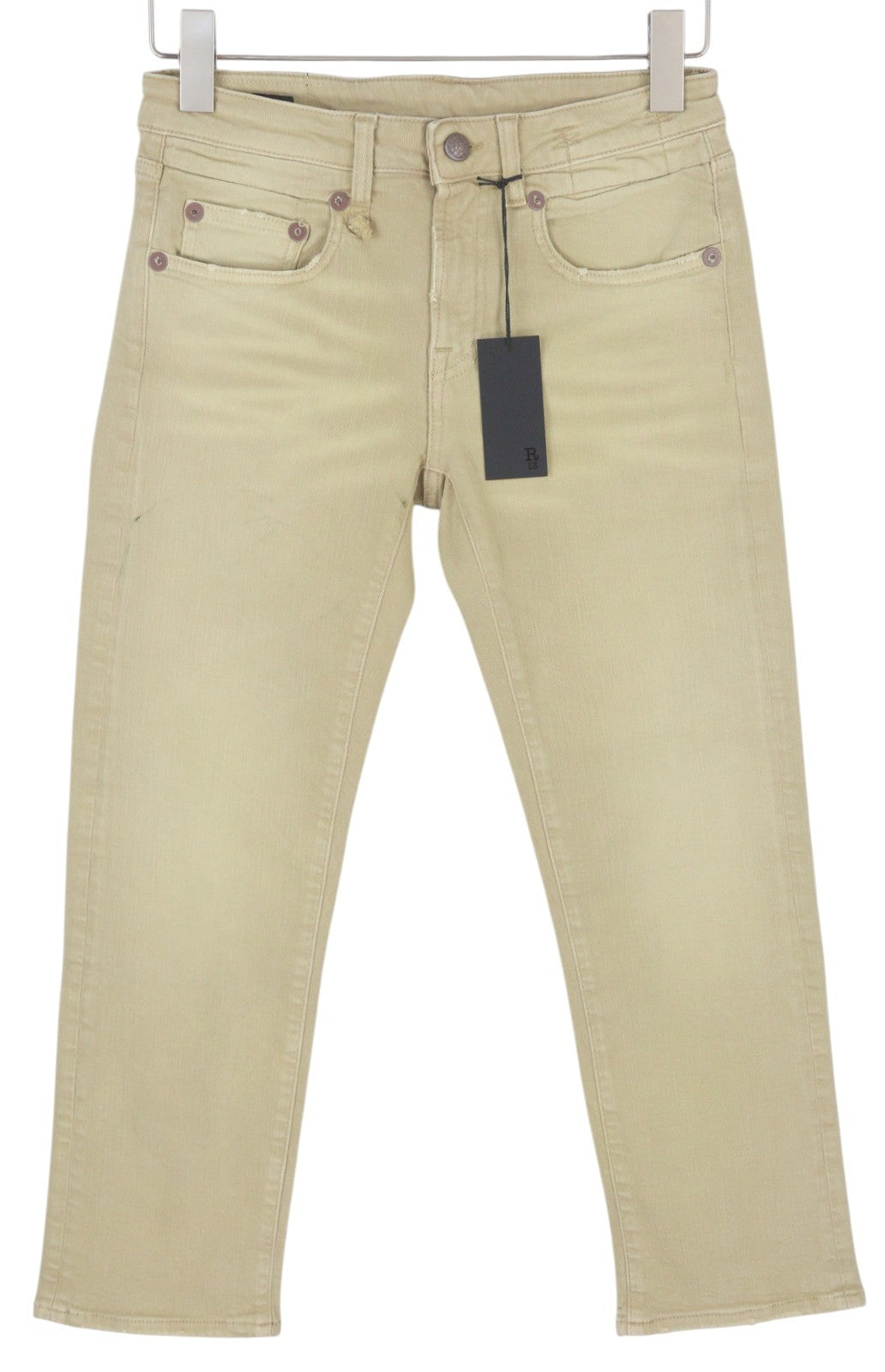 R13 Boy Straight Women Jeans 26 Khaki Stretch Faded Cropped Ankle Length RRP€699