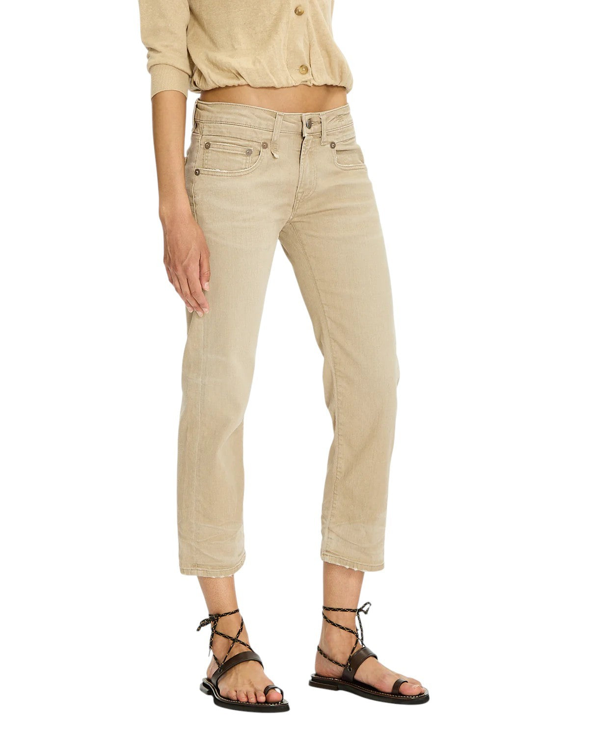 R13 Boy Straight Women Jeans 25 Khaki Stretchy Faded Cropped Ankled RRP€699