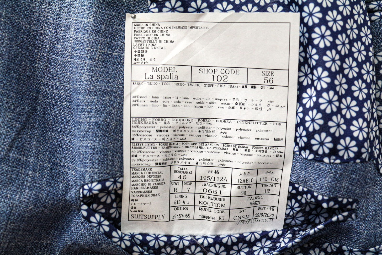 SUITSUPPLY La Spalla Men's Suit UK46R Blue 2 Piece Linen Wool Silk Blend Outfit