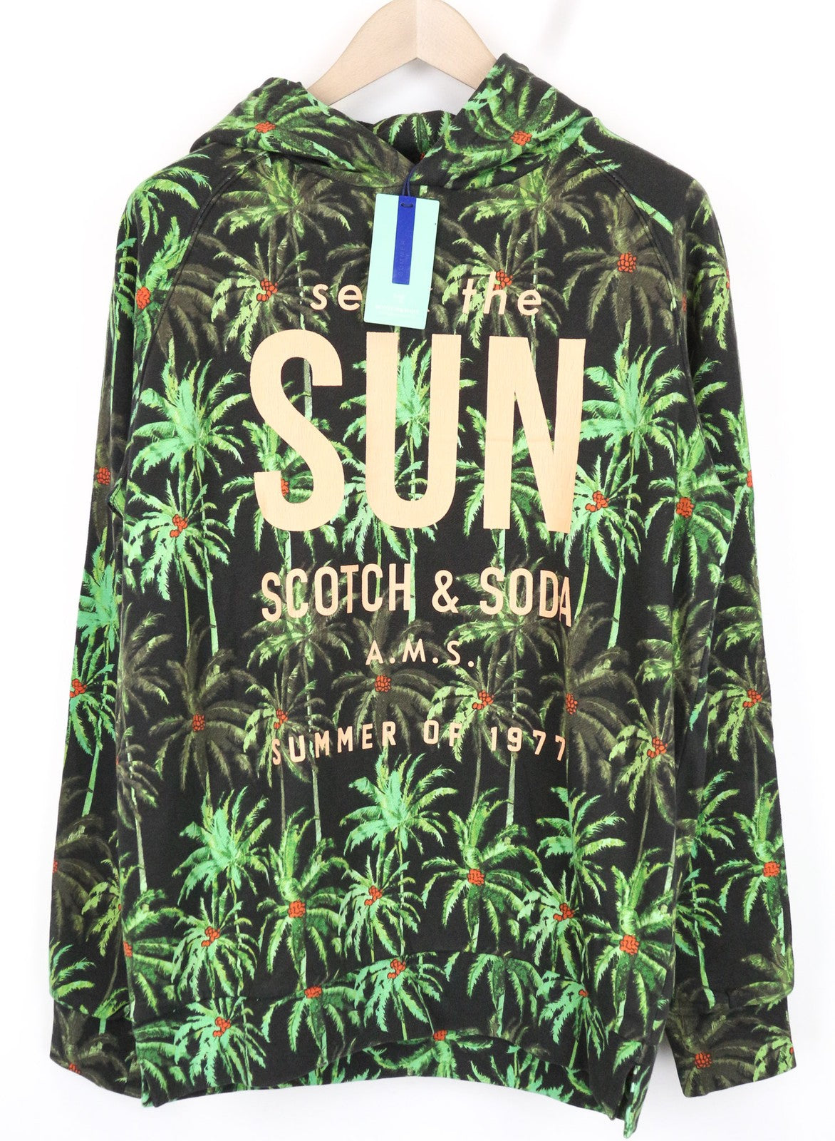 SCOTCH & SODA Men's Sweatshirt L Green Palm Print Hoodie Pure Cotton Jersey