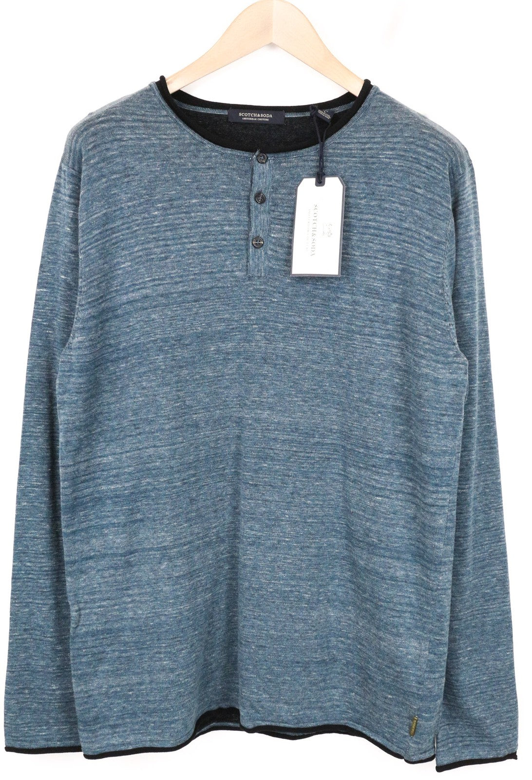 SCOTCH & SODA Men's T-Shirt L Henley Neck Tight-Knit Blue Melange Pure Cotton