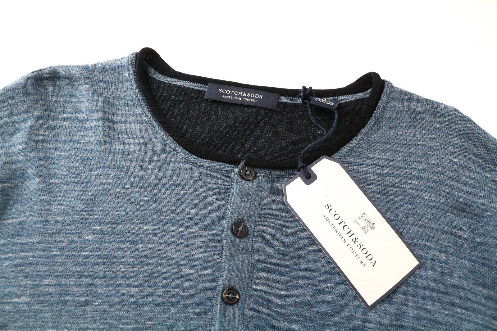 SCOTCH & SODA Men's T-Shirt L Henley Neck Tight-Knit Blue Melange Pure Cotton