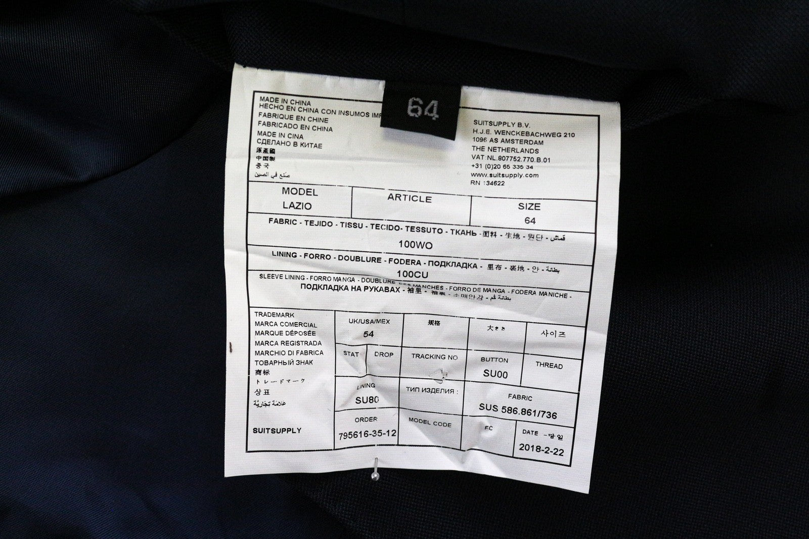 SUITSUPPLY Lazio vyriška liemenė, UK54, tamsiai mėlyna, vilnonė, plona, ​​melanžo, klasikinio stiliaus, oficiali 