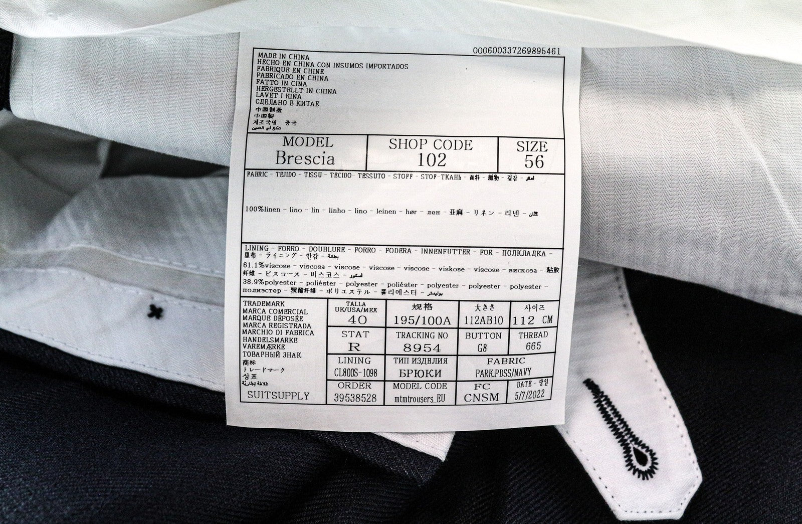 SUITSUPPLY Brescia Men's Trousers UK40R Blue Pure Wool Pleated Classic Fit