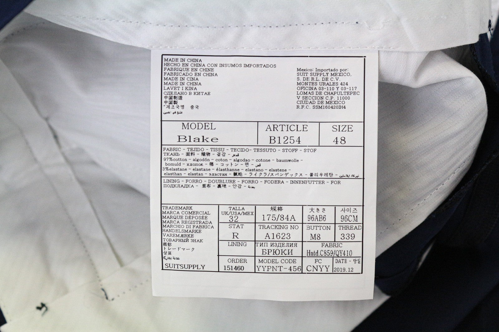 SUITSUPPLY Blake Men's Trousers UK32R Slim Blue Drop-Crotch Stretch Cotton Blend