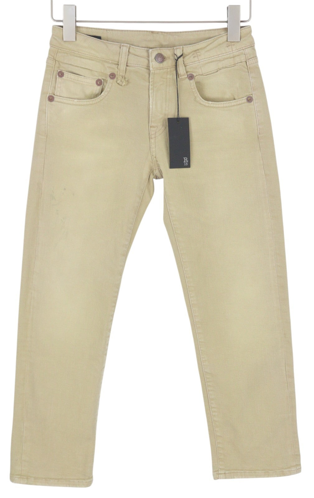R13 Boy Straight Women Jeans 25 Khaki Stretchy Washed Cropped Ankled RRP€699