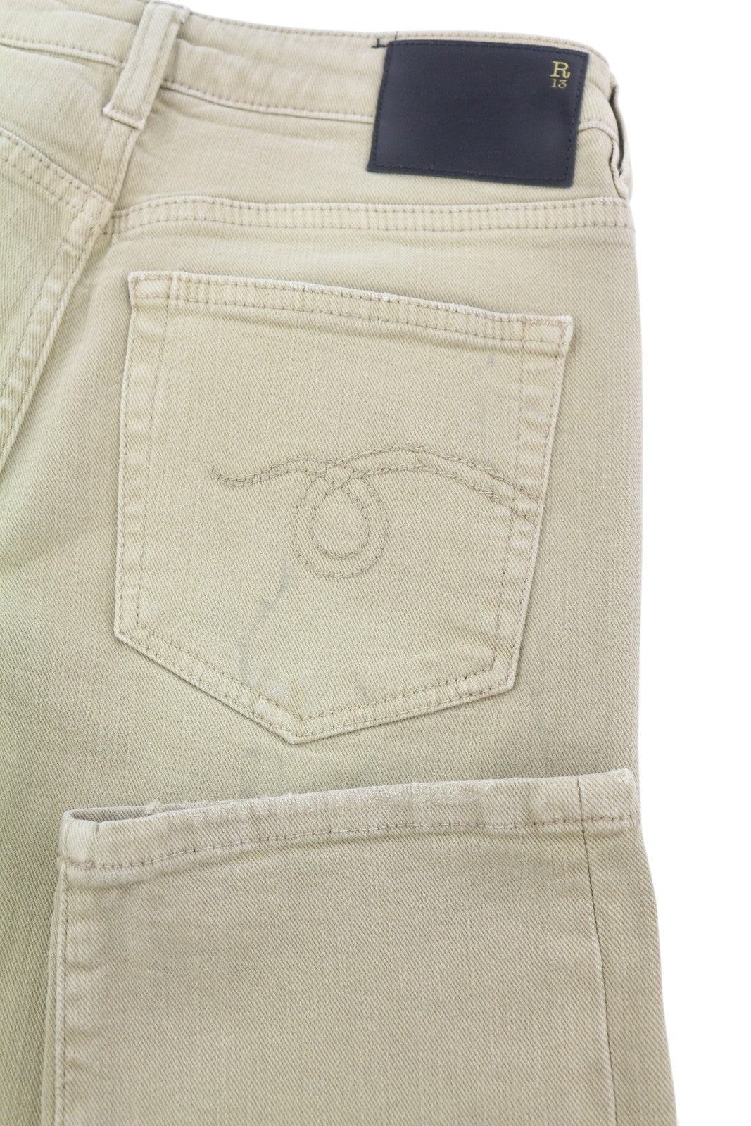 R13 Boy Straight Women Jeans 25 Khaki Stretchy Washed Cropped Ankled RRP€699