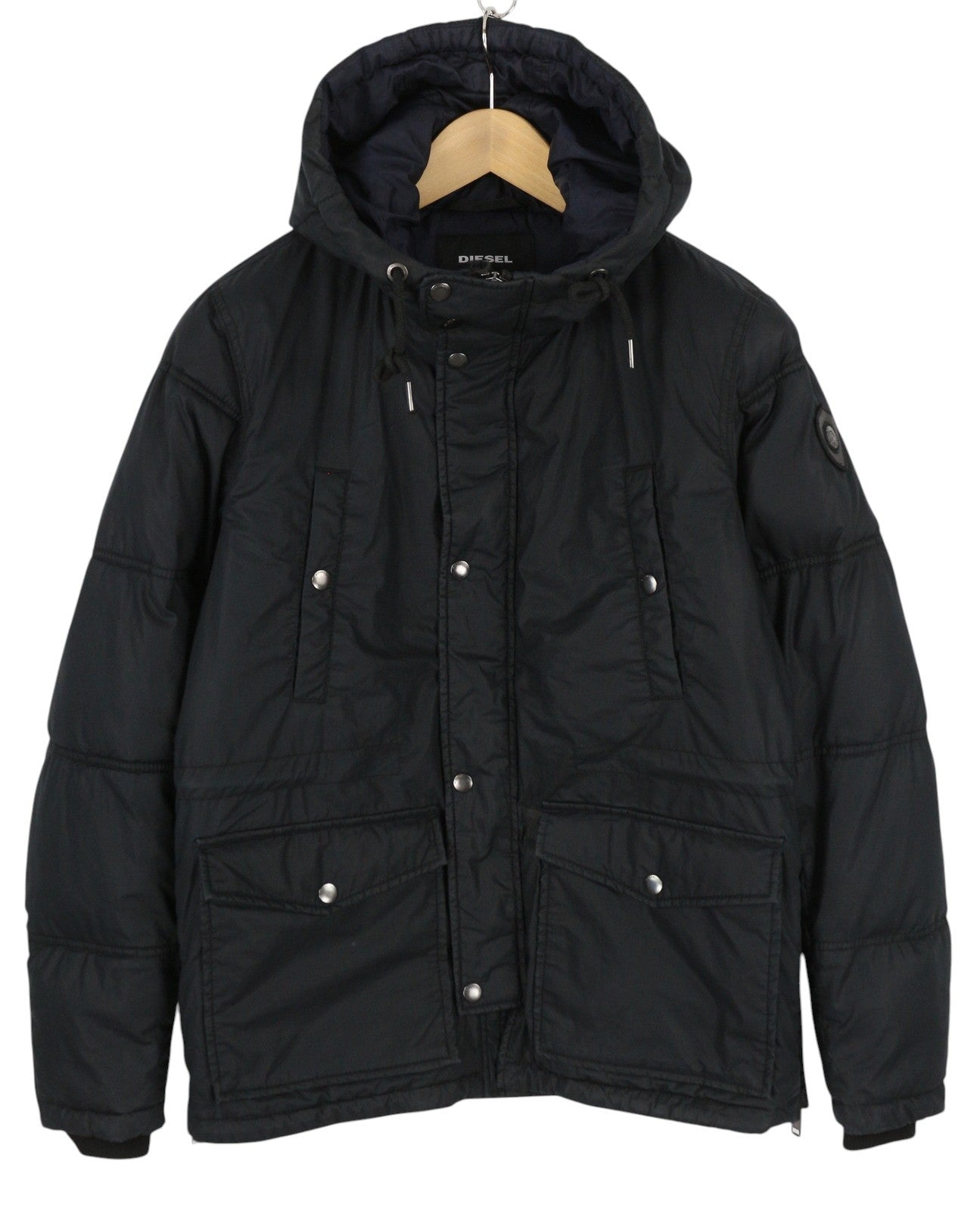 DIESEL Men Jacket S Dark Blue Full Zip Hooded Insulated Drawstring Waist Lined