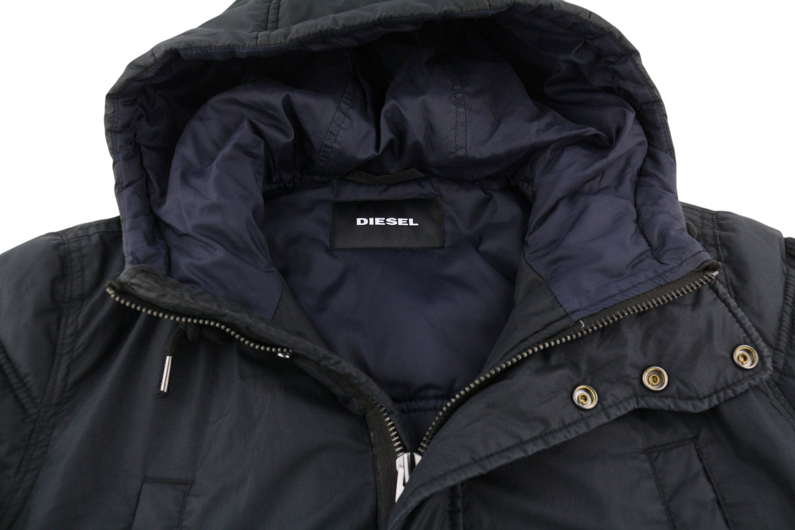 DIESEL Men Jacket S Dark Blue Full Zip Hooded Insulated Drawstring Waist Lined