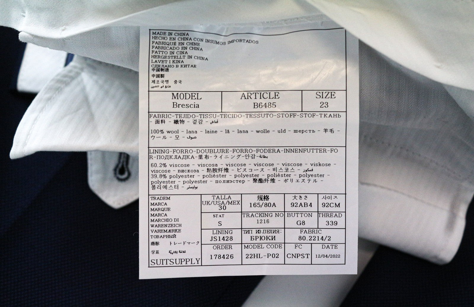 SUITSUPPLY La Spalla Men's Suit UK34S Slim 2Pc Blue Wool Bird's Eye Check S130