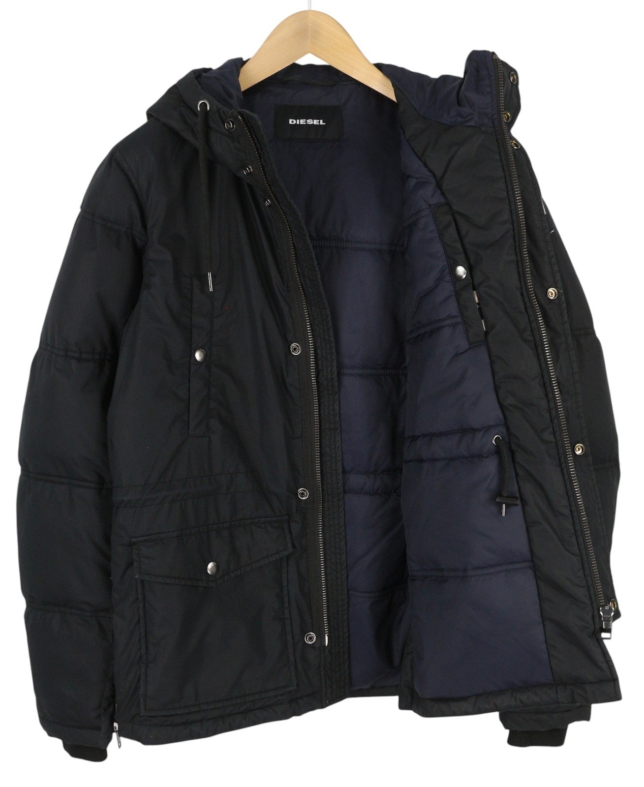 DIESEL Men Jacket M Black Full Zip Hooded Insulated Drawstring Waist Logo Lined