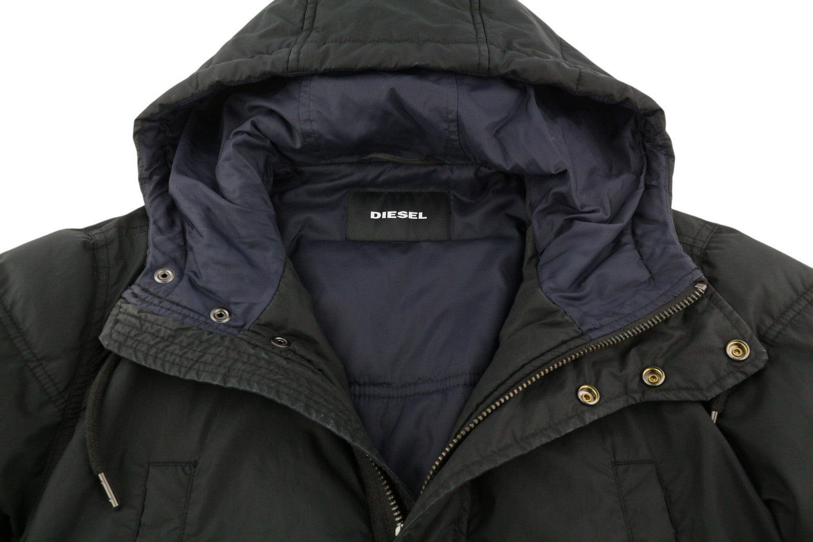 DIESEL Men Jacket M Black Full Zip Hooded Insulated Drawstring Waist Logo Lined