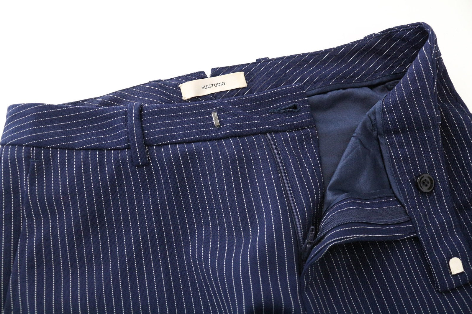 SUISTUDIO Robin Women's Trousers UK6R Wool Striped Blue Pleated Slim Formal