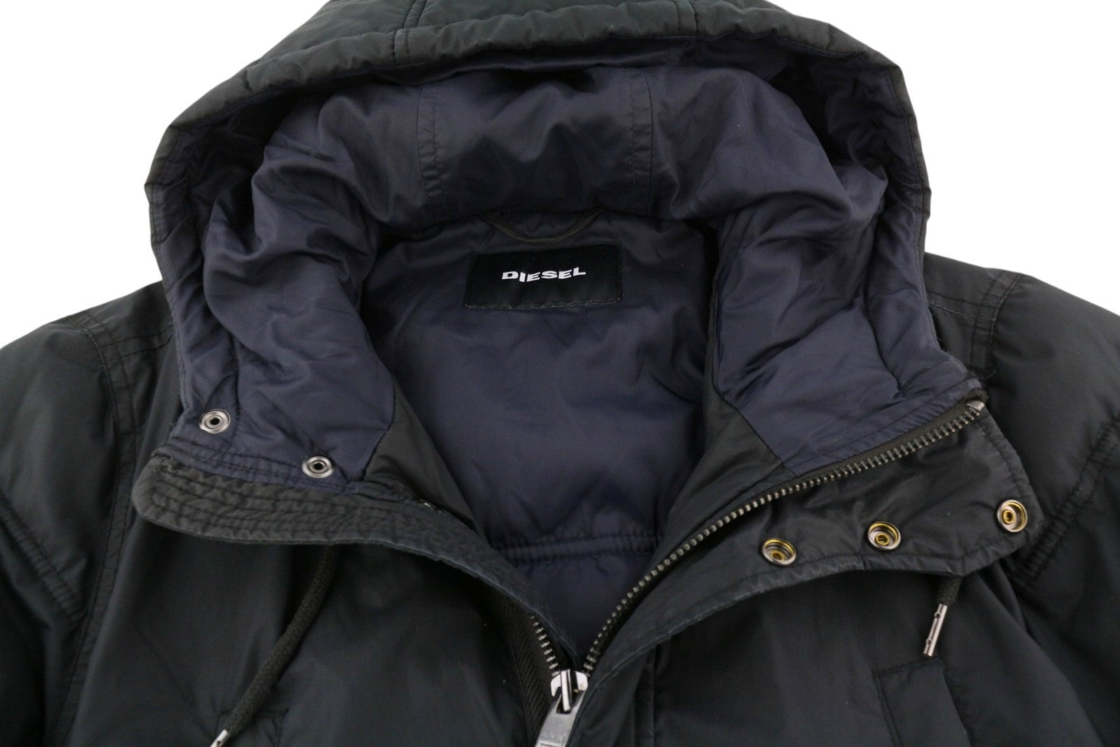 DIESEL Men Jacket M Black Full Zip Hooded Insulated Drawstring Waist Pockets