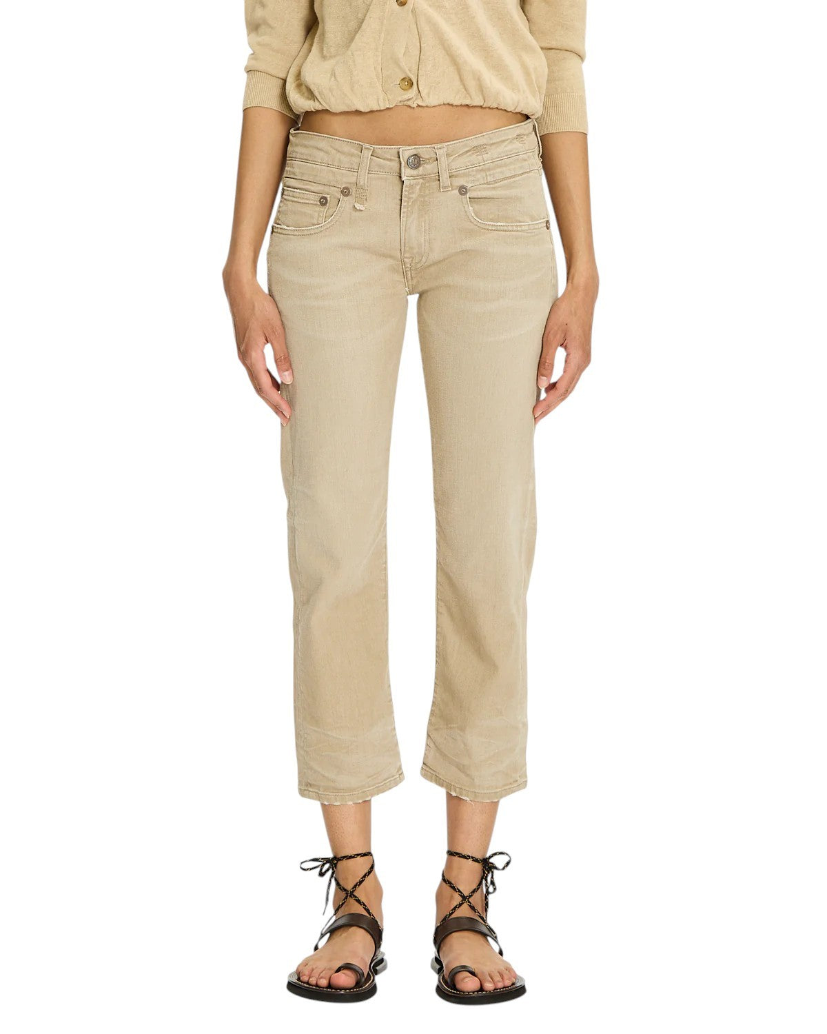 R13 Boy Straight Women Jeans 24 Khaki Stretch Washed Cropped Ankled RRP€699
