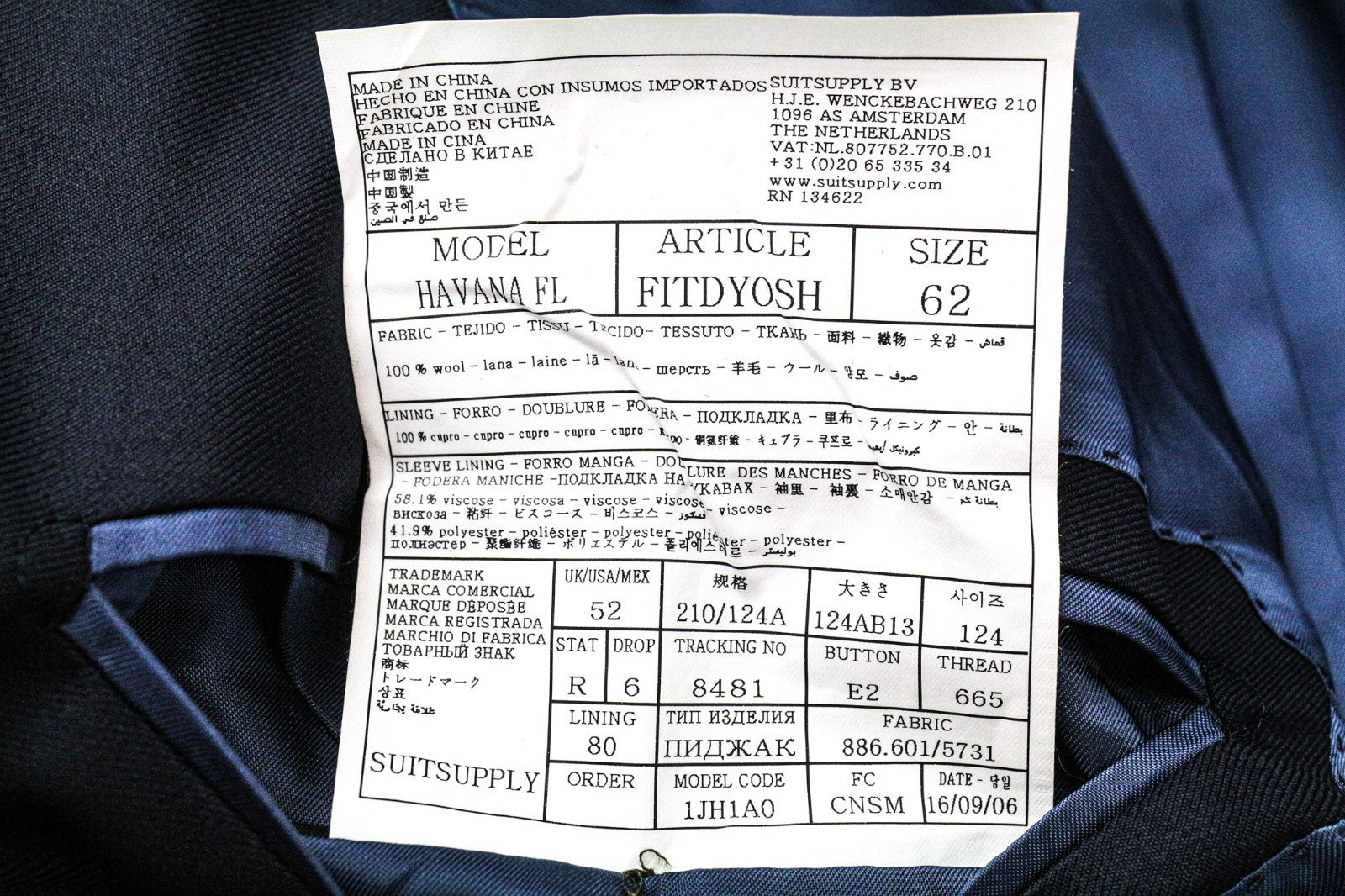 SUITSUPPLY Havana Blueline Men's Suit UK52R Navy Pure Wool Two Piece Classic