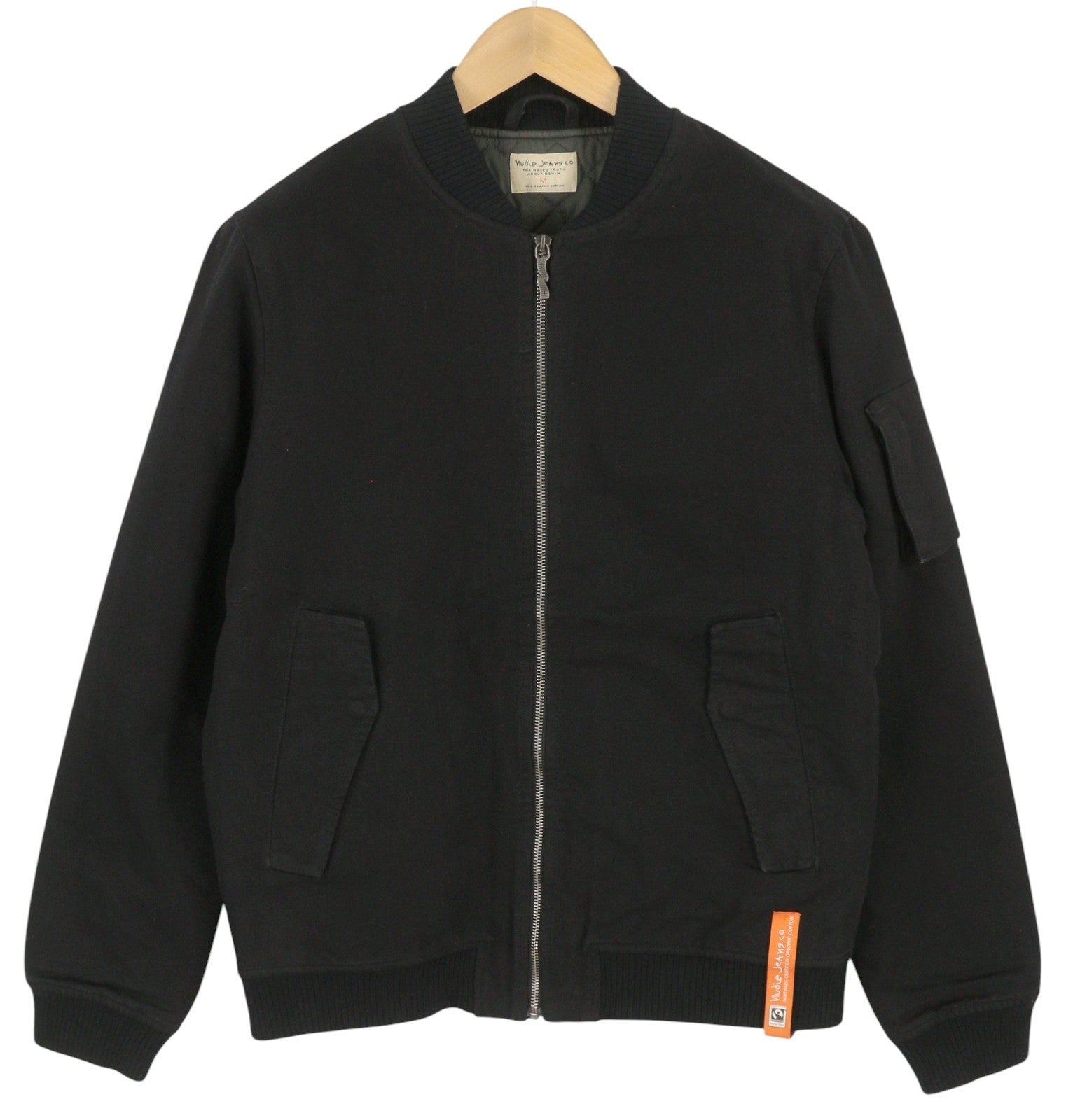 NUDIE JEANS Men Jacket M Black Full Zip Patch Pockets Lined Lightweight Bomber