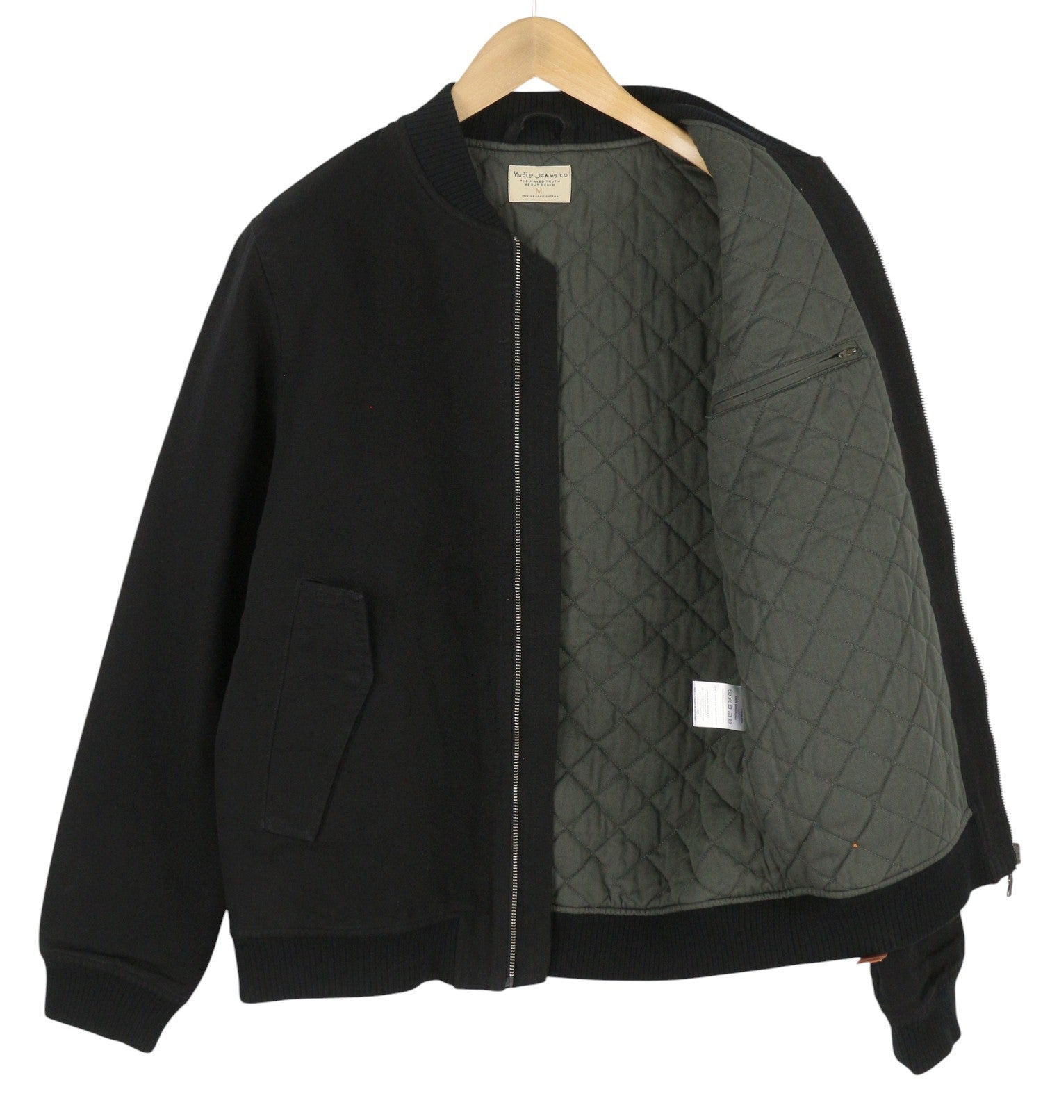 NUDIE JEANS Men Jacket M Black Full Zip Patch Pockets Lined Lightweight Bomber