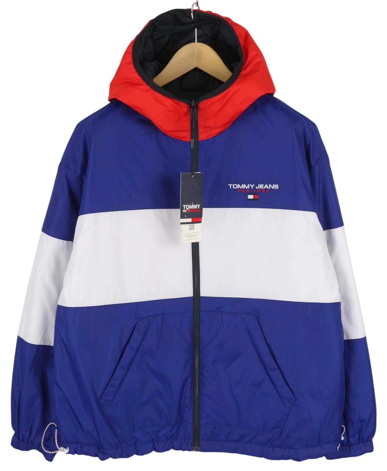 TOMMY HILFIGER Reversible Quilted Men Jacket M Blue Quilted Hooded Logo RRP€239