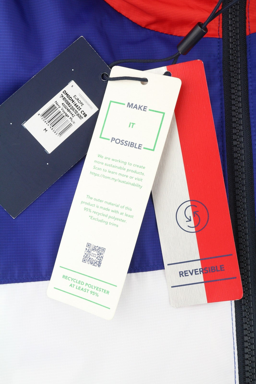 TOMMY HILFIGER Reversible Quilted Men Jacket M Blue Quilted Hooded Logo RRP€239