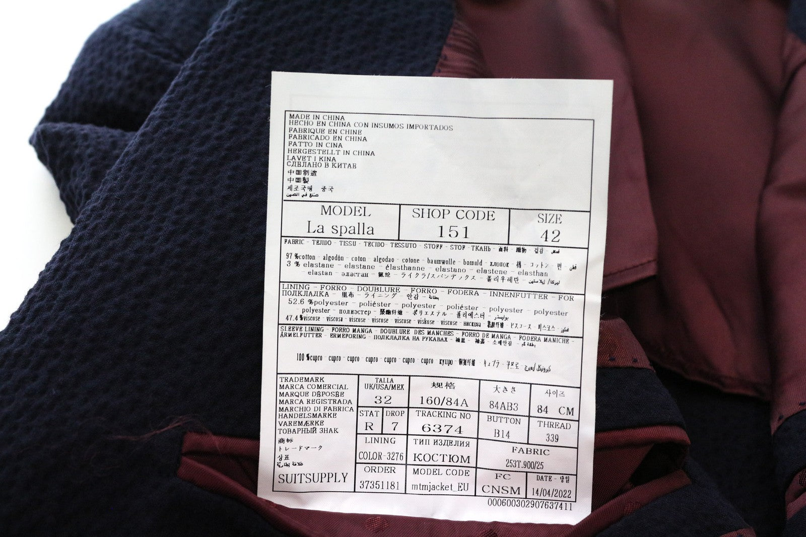 SUITSUPPLY La Spalla vyriškas švarkas UK32R tamsiai mėlynas, tamprus medvilninis švarkas su gofruotu paviršiumi 